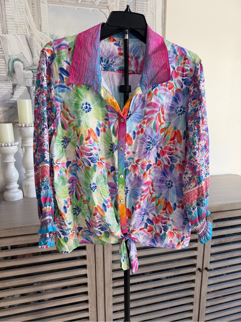 John Mark mixed print blouses with high front and ruffle trim